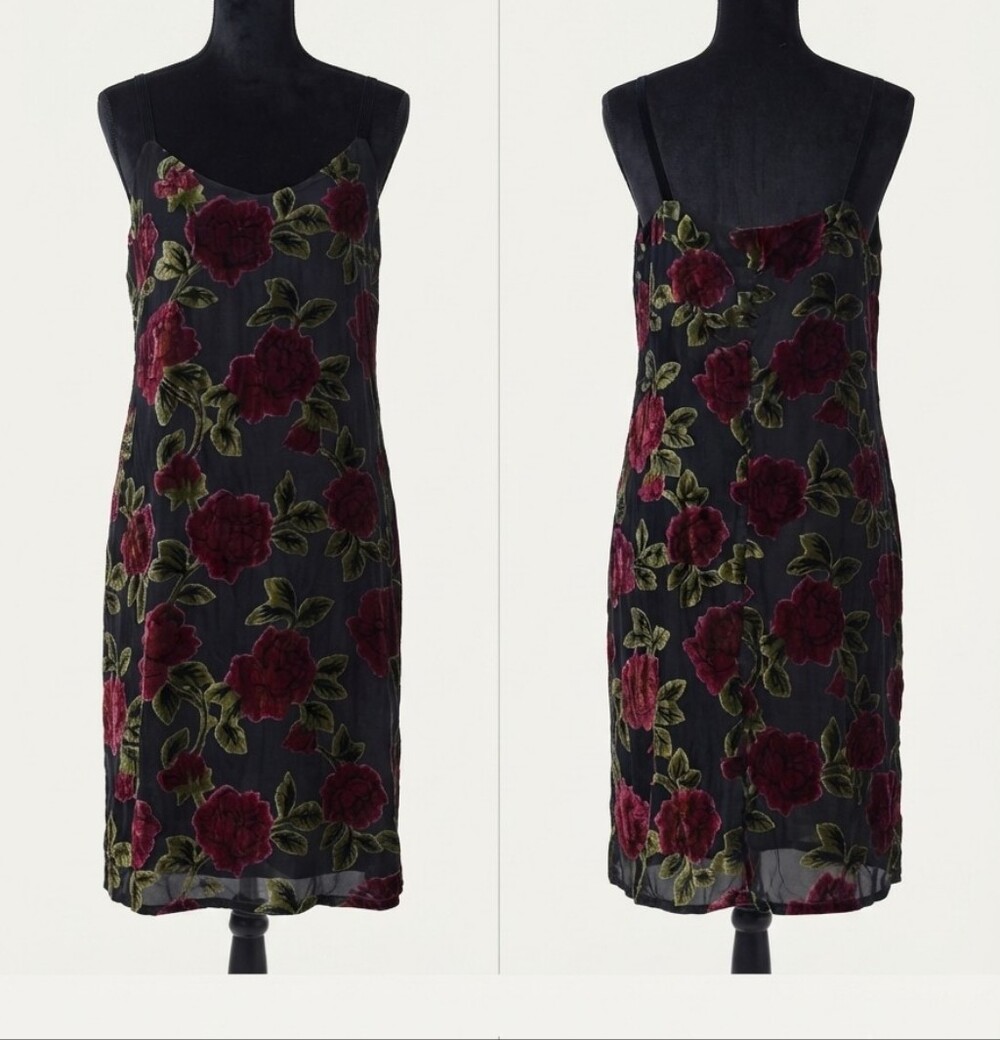 Johnny Was Black Slip Dress with Burgundy Floral Velvet Embroidery